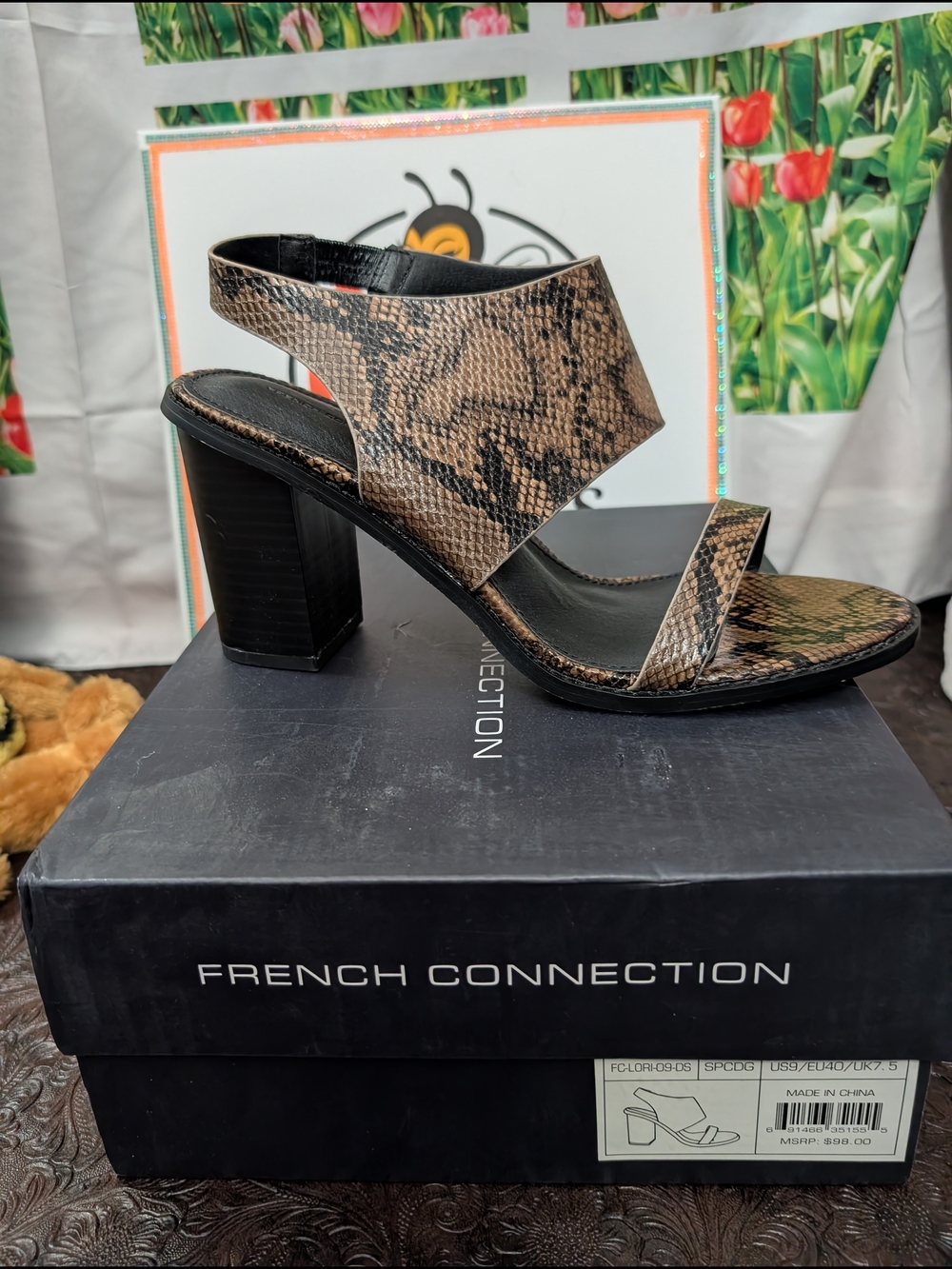 French Connection Brown Snake-Print Block Heel Sandals